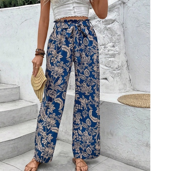 Boho Tropical Leaves Print High Waisted Stretchy Waist Wide leg Pants - Picture 9 of 9